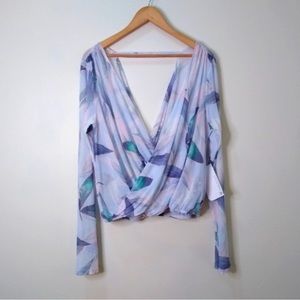 New Fabletics Treva Semi Sheer Floral Faux Wrap Top Purple XL